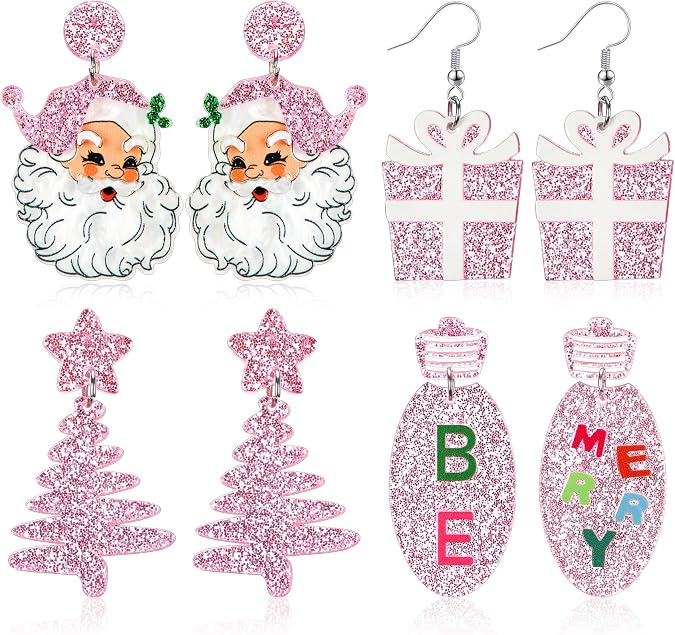 Hicarer 4 Pairs Christmas Earrings for Women Holiday Drop Dangle Earrings Set Xmas Tree Bell Light Bulbs Jewelry Gift Bulk