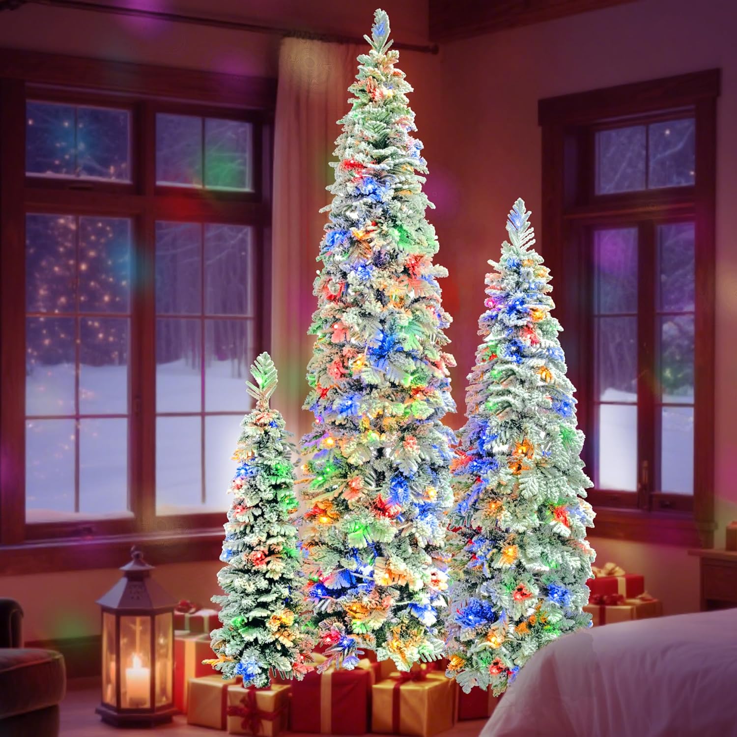 Pre-Lit Artificial Christmas Trees Set, 8ft, 6ft, 4ft with LED Lights, 1370 Branch Tips, 11 Lighting Modes, Flocked Design Set of 3 Christmas Tree Polyethylene