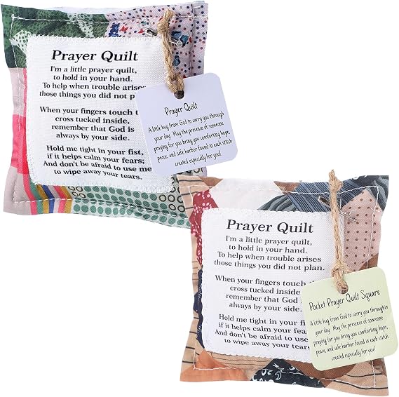 Fanfanwin 2 Pack Prayer Quilt with Cross, Mini Pocket Scripture Quilts for Women, Portable Christian Gifts for Encouragement, Pastor Appreciation Bereavement Gift(Classic)