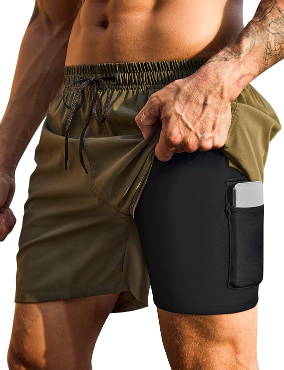 KBVOT Mens Swim Trunks with Compression Liner Bathing Suits 2 Pack Quick Dry Stretch Beach Shorts 7 inch Inseam Swimwear