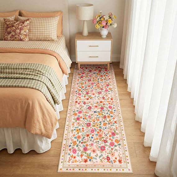 INOVADAY Washable Rug 60 x 180 cm Boho Style Short Pile Non-Slip Floral Print Design Rug for Kitchen Hallway Bedroom Entrance Hall Bathroom Pink/Beige Schlafzimmer Eingangshalle Badezimmer Wohnzimmer Esszimmer Kurzflor Rutschfest Blumen Print Weich Pflegeleicht