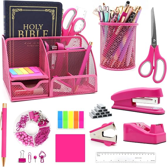 12PCS Hot Pink Desk Organizer Set,Office Supplies & Accessories | 12 in 1 Desk Organizer and Accessories Set,Tabletop Mount, Organizational Drawer & Robust Construction，Vibrant Hot Pink