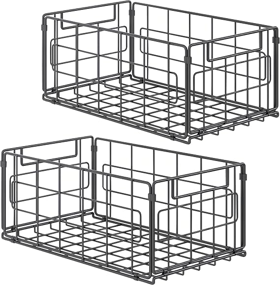 2Pack Wire Storage Bins Baskets,13.8inch Large Foldable Organizer Multipurpose Steel Basket Pantry Storage Bin Rack with Handle for Kitchen Cabinets, Pantry, Freezer, Bathroom,Closets 35x21.5x16 cm