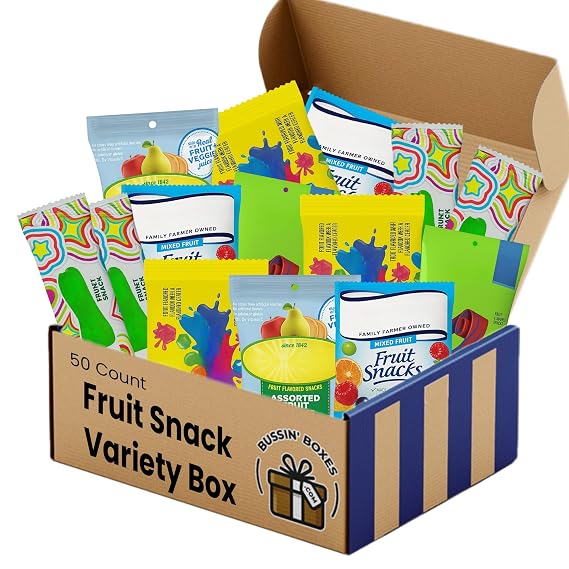 Fruit Snacks Bulk Pack 50 Count Individually Wrapped Pouches Shelf-Stable Snack for Kids and Adults Assembled by Bussin Boxes