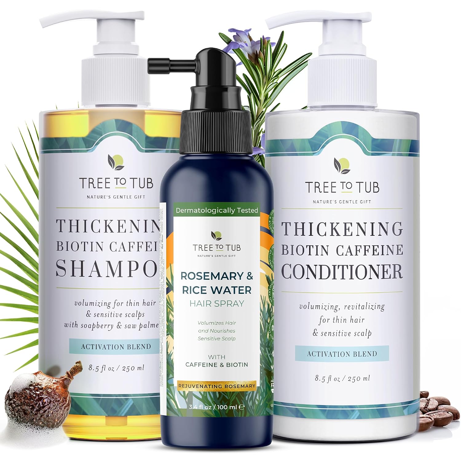 Tree To Tub Volumizing Hair Care Set – Rosemary Rice Water Hair Spray & Biotin Caffeine Shampoo Conditioner for Thicker-Looking Hair
