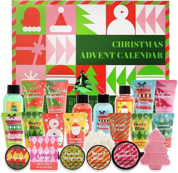 Advent Calendar 2025 Christmas Spa Gifts Set for Women, Hand Cream, Lotions, Bubble Baths, Christmas Tree Bomb Skincare Gift for Mum Ladies（Geometry）
