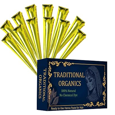 Traditional Organics 12 Pack 100% Natural Ready to Use Henna Paste Hair Dye Cones Reddish Brown Color tubes color for women Perfect for Spot hair coloring, Long-lasting and Cruelty-Free 25g Each Cone
