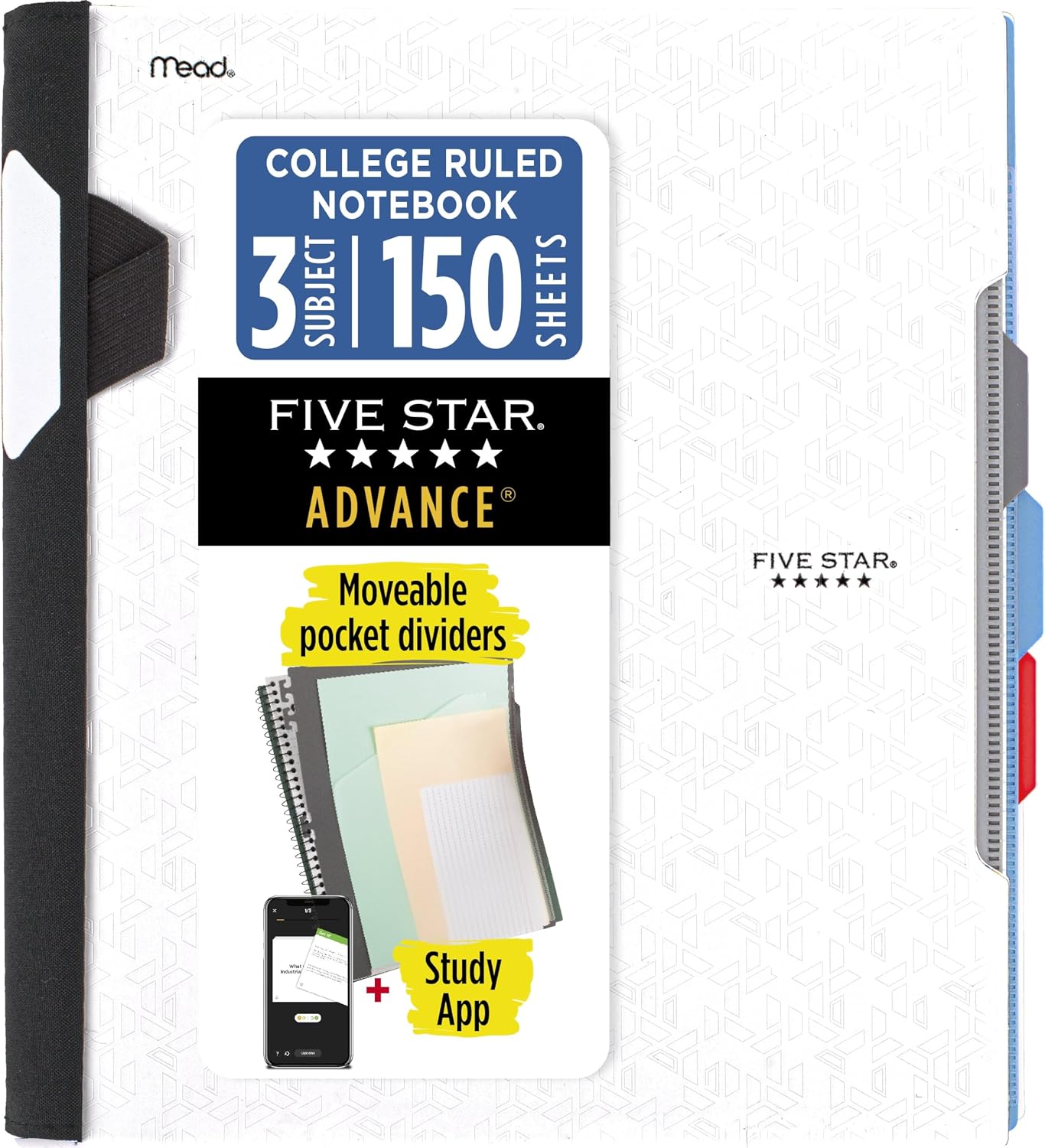 Five Star Advance Spiral Notebook  Study Application, 3 Topics, College Striped Paper, 11 x 8-12, 150 Sheets, Spiral Protected and Movable Dividers, White, 1 Piece 73142