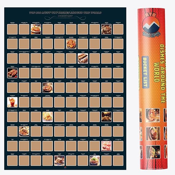 RTB Designs Top 100 Must Try Dishes Around The World Scratch Off Poster - Culinary Bucket List/Gift for Foodies, Travel Lovers and Chefs (16.5" x 23.4")