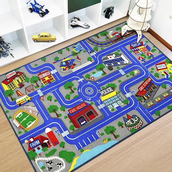 Kids Rug Educational Play Rug 5.2'x3.3' Traffic Road Kids Play Car Mat Large Learning Play Game Area Rug Carpet for Playroom Living Room Nursery Room Decor, Blue