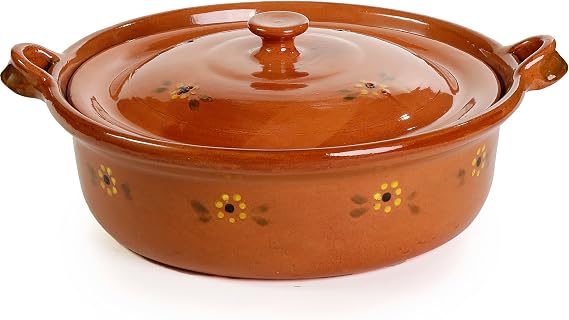 Ancient Cookware, Mexican Clay Flat Cazuela Pot, Medium, 4 Quarts