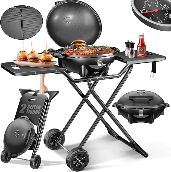 KESSER elektrischer Elektrogrill 2in1 Tischgrill - Standgrill mit Deckel und Standfu | max. 2400 Watt | Faltbar | Thermometer | Antihaftbeschichtung | Grillplatte Abstelltische | 2 Rader | Schwarz