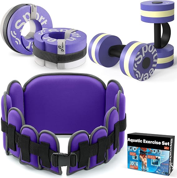 Sportneer Water Aerobics Equipment for Pool Exercise Aquatic Workout Combo Set Includes High Density Water Dumbbell Aqua Belt Water Ankle Weights for Aquatic Therapy Pool Fitness Water Exercise