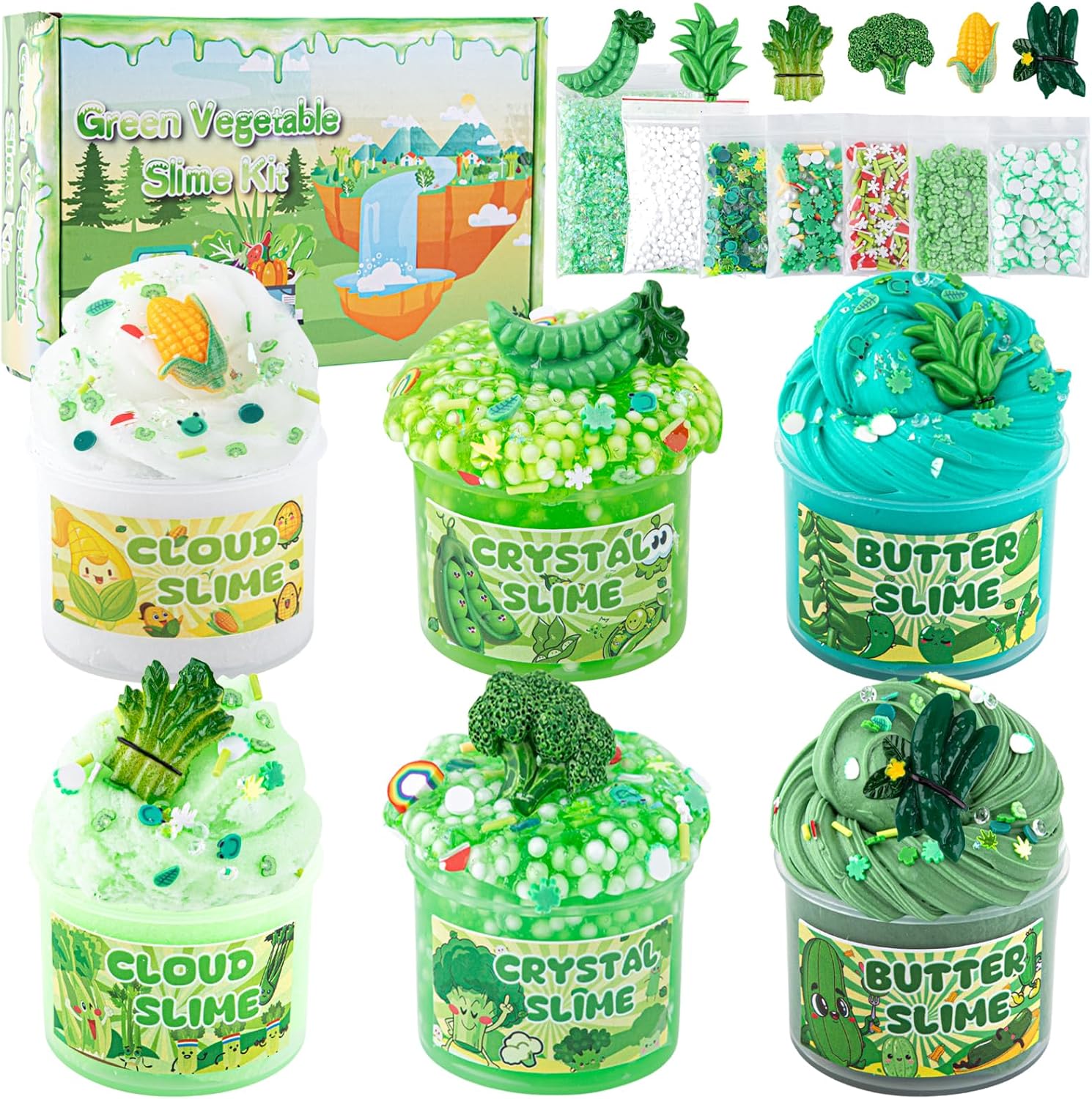 6 Packs Gradient Green Slime Kit - Cloud Butter Clear & Crunchy Slimes for Kids with Various Add-Ins, Non-Sticky Party Favors for Boys and Girls
