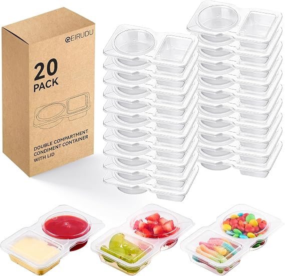 20 Sets 4.5 oz Reusable Plastic Snack Containers, Double Compartment Condiment Containers with Lids for Meal Prep, Dipping Sauce, Portion Control, Travel Snack