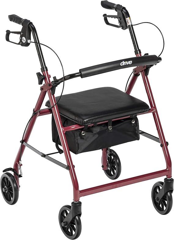 Drive Medical Aluminum Rollator Walker Fold Up and Removable Back Support, Padded Seat, 6" Wheels, Red