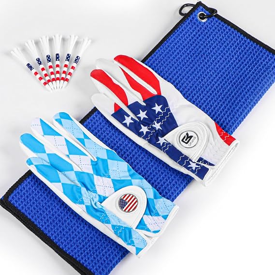 Golf Gloves Men Right Handed Golfer Left Hand Value 2 Pack, with 2 Ball Marker 1 Towel 6 USA Flag Golf Tees 3 1/4, Summer Breathable Glove Set for Mens