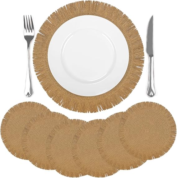 comfoyar Round Braided Placemats Set of 6, 38cm Non-Slip Paper Woven Place Mats with Long Tassel, Rustic Table Mats for Home Kitchen Dining Party Restaurant Farmhouse Decoration, Brown