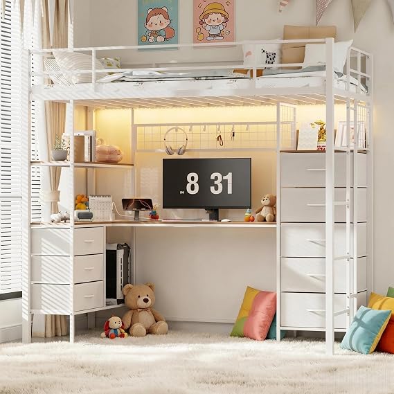 Twin Size Loft Bed with L-Shaped Desk, Loft Bed Twin Size with LED Lights and Charging Station, Metal Twin Bunk Bed Frame with 3 Storage Shelves and 8 Fabric Drawers (White)