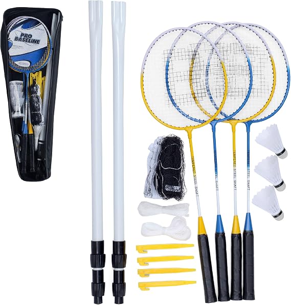 Baseline 4 Player Badminton Set, Includes 4 Rackets, 2 Shuttlecocks, Net and Poles, Outdoor Garden Game for Kids & Families, Portable with Carry Bag
