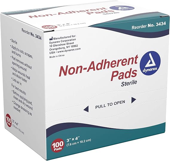 Dynarex Non-Adherent Pads-Sterile, Individually Packaged, Non-Stick Wound and Burn Care, Soft & Highly Absorbent, 3 x 4, 1 Box of 100 Non-Adherent Pads-Sterile