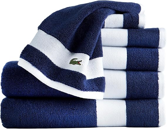 Lacoste Sport Stripe 6-Piece Luxury Cotton Towel Set Made with 100% Soft Supima Cotton, Absorbent & Quick-Drying, Includes 2 Bath Towels, 2 Hand Towels, 2 Washcloths, Navy