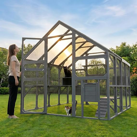 Fatcatjoy Large Walk-in Catio Outdoor Cat Enclosure 96"74"74", Wooden Cat House for Multiple Cats with 7 Platforms + 2 Condos + Bridge & Ramp, Weatherproof Sunshine Roof Backyard Cage