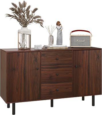 HOMCOM Storage Sideboard, Credenza Cabinet with 2 Cupboards, 3 Drawers and Adjustable Shelves, Buffet Table for Living Room, Entryway, Brown 839-545V01BN
