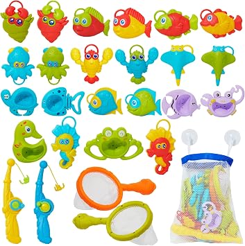 Toddler Bath Toys for Kids Ages 1-3, Mold Free Bathtub Pool Water Table Toys with Pole Rod Net & Plastic Floating Fishes, Outdoor Water Toys for Kids Toddlers Birthday Gifts Aged 2-4 3-5 4-8