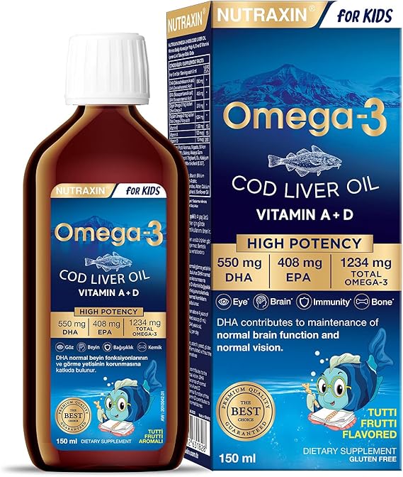 Nutraxin Omega-3 for Kids 150 ml – Çocuklar İçin Balık Yağı Şurubu, DHA ve EPA, Portakal Aromalı