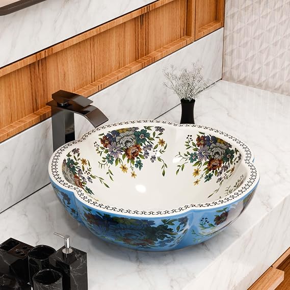 InArt Moroccan Blue Floral Ceramic Vessel Sink Bowl, Round Countertop Bathroom Sink, Glossy Easy-Clean Nonporous Surface, 16.1 x 16.1 x 5.5 in
