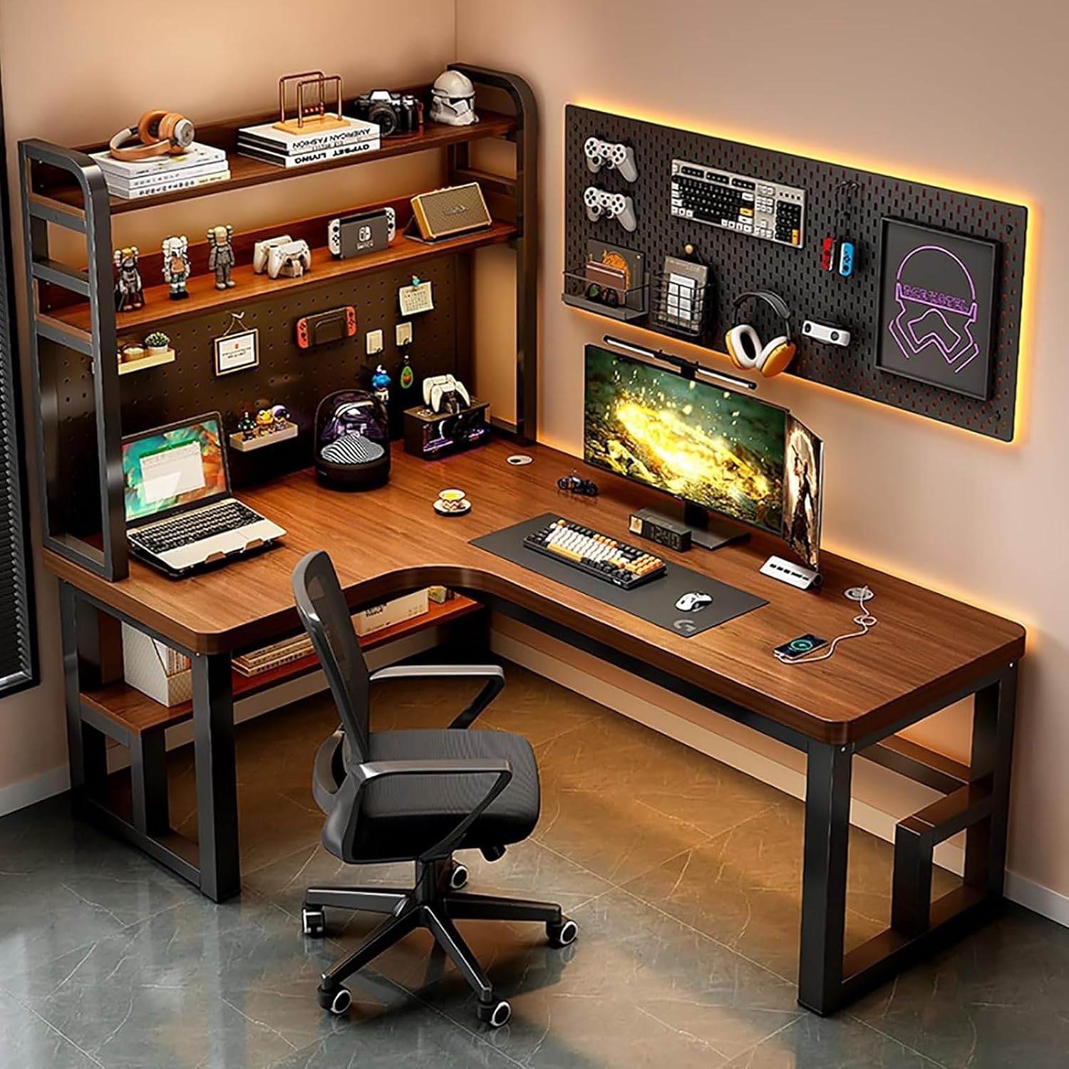 L-Shaped Desk with Rack, Computer Desk, Study Desk, Gaming Desk, Study Desk, Work Desk, Width 47.2  55.1  63.0  70.9 inches 120  140  160  180 cm Learning Desk, Solid Wood Tabletop