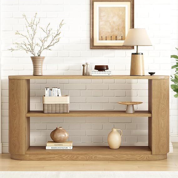 58.9" Fluted Console Table with Open Shelf, Modern Wood Entryway Table Rustic Curved Long Sofa Table Behind Couch for Hallway Entrance Living Room Foyer Farmhouse Mesa De Entrada, Natural