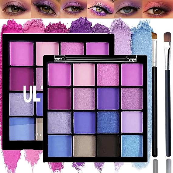16 Colour Purple Blue Eyeshadow Palette with Dual Brush - Shimmer Glitter & Matte Waterproof Makeup Kit - Long-Lasting Highly Pigmented Eye Shadow for Students Artists & Smokey Looks (Purple Glitter)