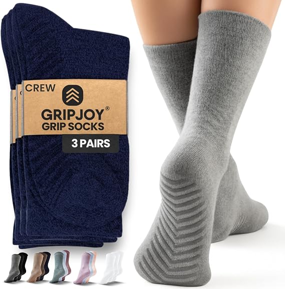 Gripjoy Grip Socks for Women, Grippy, Non Slip, Gripper Socks for Women & Men, Pilates, Yoga, Hospital, 3 Pairs, Crew