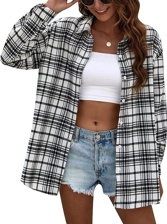 HangNiFang Womens Flannel Plaid Shirts Oversized Button Down Shirts Blouse Tops