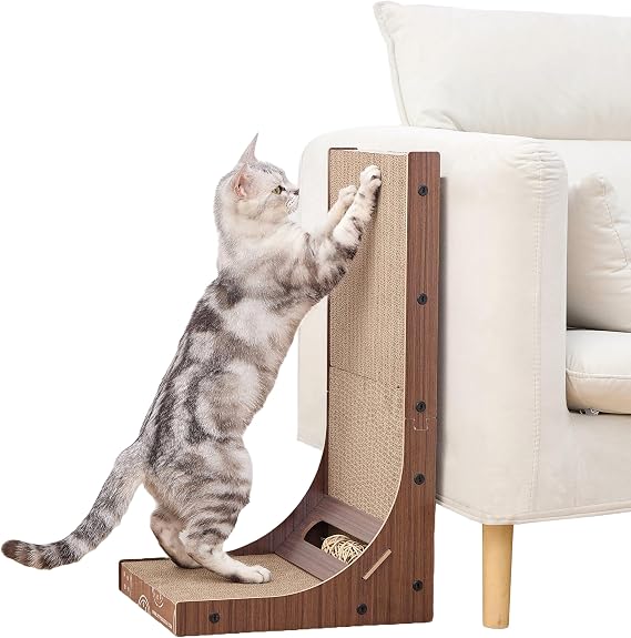 Petpals Corrugate Cardboard Cat Scratching Pad, 24" Double Side L Shaped | Replaceable Cardboard Scratching Pads, Multi-use to Protect Couch Sofa Furniture, with Rattan Ball Toys, Laminated Wood Frame