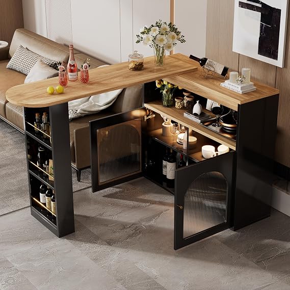 Bar Table Extendable Kitchen Island with Storage, Breakfast Swivel Bar Bistro Table with LED light, Modern BarTable Storage Cabinet, 2 Doors and Shelves, for Dining Room, Black-A