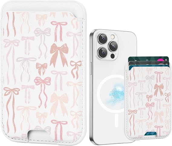 for Magsafe Wallet, Magnetic Wallet Card Holder for iPhone 17/16/16e/15/14/13/12 Pro/Max/Plus Case, Leather Strong Magnet Phone Pocket Cute Design Credit Card Fit 3 Cards (Pink Bow Tie)