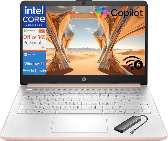 HP Laptop Computer, 4GB RAM, 128GB Flash Storage + 128GB Hub Docking Set 1-Year Office365, 14 inch LED, Intel Quard Core Processor, WiFi 6, BT 5.4, Windows 11 Home S for Student, Pink Gold