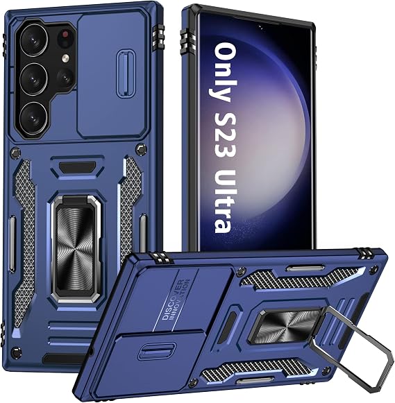 ANGELAS Shockproof Phone Case for Samsung Galaxy S23 Ultra - Silicone TPU Bumper with Anti-Fall Protection,Slide Camera Cover & Rotating Ring Kickstand,6.8Inch,Blue