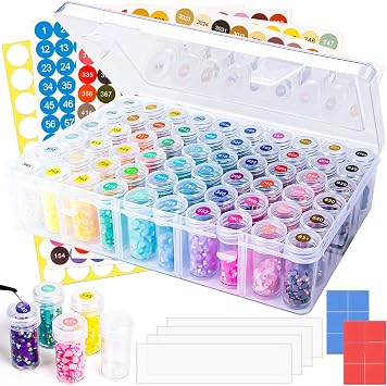 Diamond Painting Storage Containers Set, 60 Grids Bead Organizer with 4 Pcs Grid Board, 12 Pcs Dispense and Labels, Diamond Painting Accessories Kits for DIY Diamond Art Craft Jewelry Bead Storage