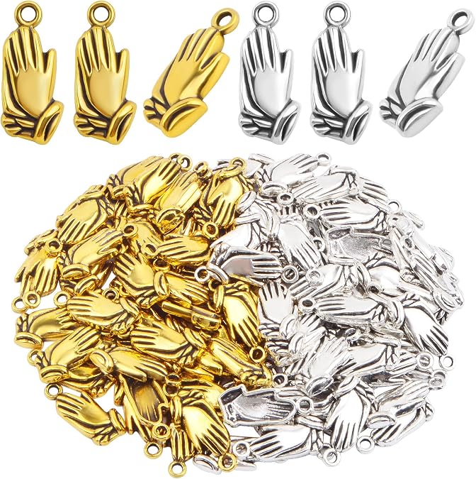 100pcs Vintage Praying Hands Charms Alloy Creative Religious Prayer Dangle Pendants Craft Supplies for DIY Bracelets Necklaces Jewelry Making Findings, 2 Colors