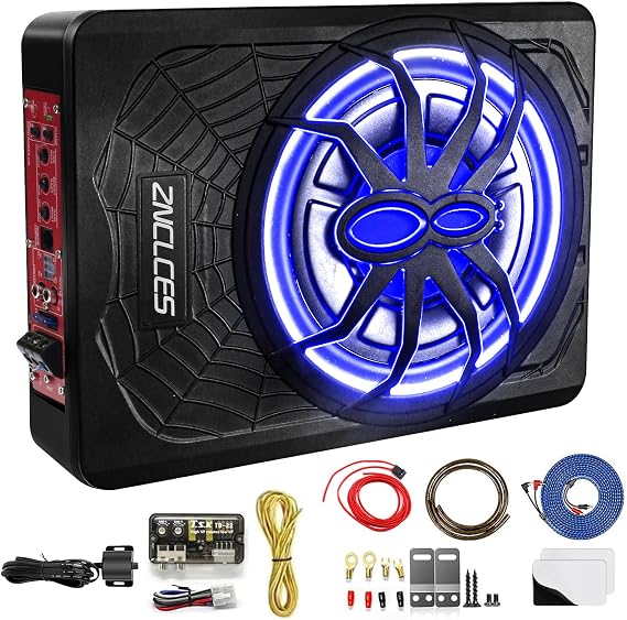 Znclces 2025 Upgraded 10" 1200W Slim Under Seat Powered Car Subwoofer, Car/Truck Sub Built in Amplifier for Outstanding Heat Dissipation, Powerful bass and Blue LED (Blue Light)