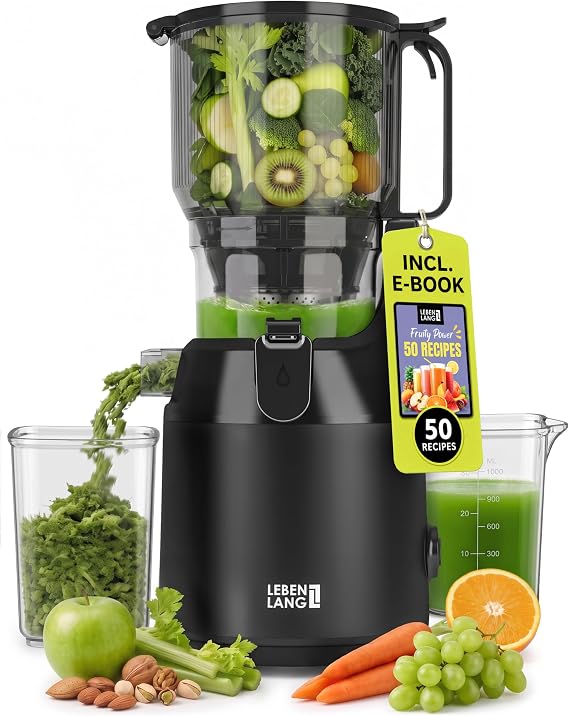 LEBENLANG Cold Press Juicer - Incl. 50 Recipes & XXL 150mm opening I 100% BPA-free Juicers Whole Fruit And Vegetable Fruit Juicer Machines Masticating Fruit Press Juice Maker Machines Apple