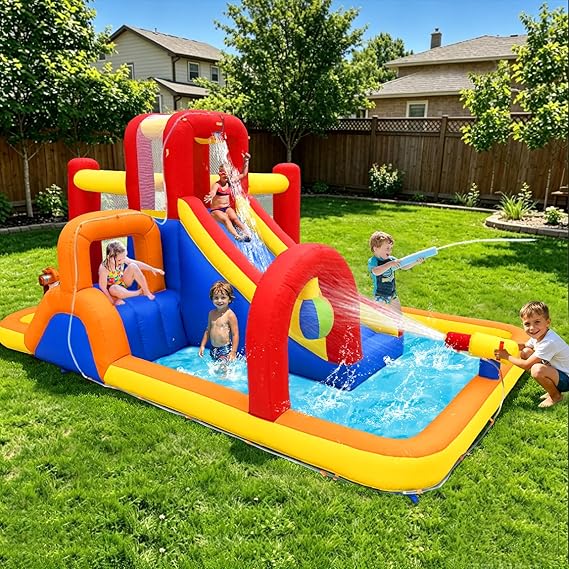 Hongcoral Inflatable Water Slide, 10 in 1 Water Park Bounce House with Splash Pool, 2 Slides, Ball Pit, Water Cannon, Climbing Wall, Blow up Water Slides for Kids Outdoor Backyard