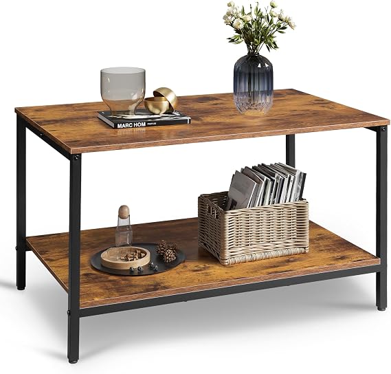 WLIVE Small Coffee Table for Living Room, 31.3" Modern Industrial Coffee Table with Storage Shelf & Metal Frame, 2-Tier Wood Center Table for Small Spaces Apartment, Home, Rustic Brown
