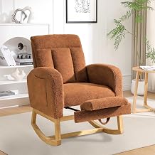 Rocking Chair with Footrest, Teddy Wooden Nursing Chairs for Adults with Extra Wide Seat and Large Side Pocket, Ergonomic Support for Nursery, Living Room, Brown