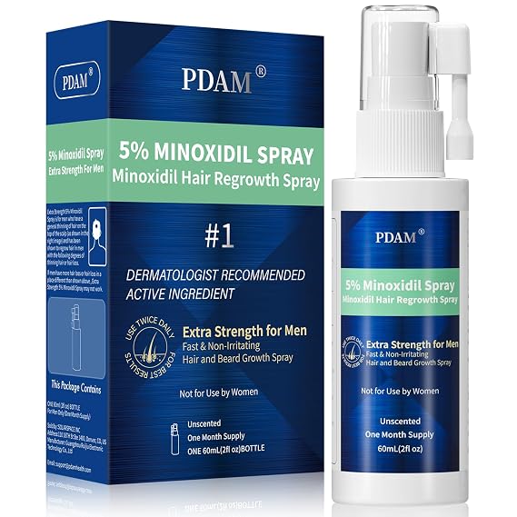 PDAM 5% Minoxidil for Men Spray - Extra Strength Hair & Beard Regrowth Treatment, Hair Loss Solution for Thicker Hair, 2 Fl Oz (1 Pack)