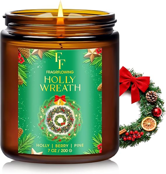 Christmas Candle, Holly Wreath Scented Candles for Home, Holiday Candles Natural Soy Candle, Aromatherapy Candle 7 oz Jar Candles Christmas Gifts for Women Men